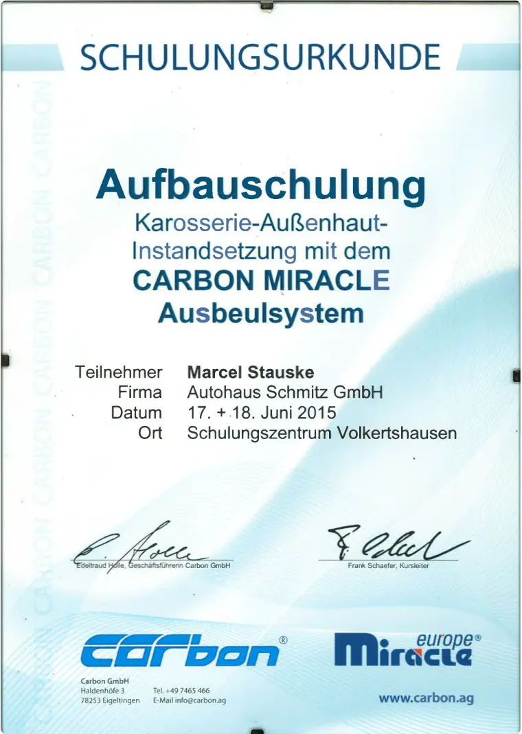 Urkunde: Aufbauschulung Karosserie und Anbauteile für Marcel Stauske
