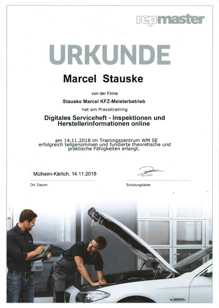 Urkunde: Digitales Serviceheft für Marcel Stauske