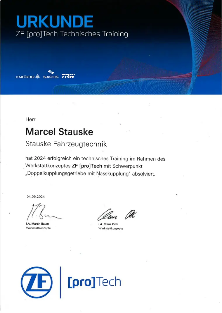Urkunde: Doppelkupplungsgetriebe mit Nasskupplung für Marcel Stauske
