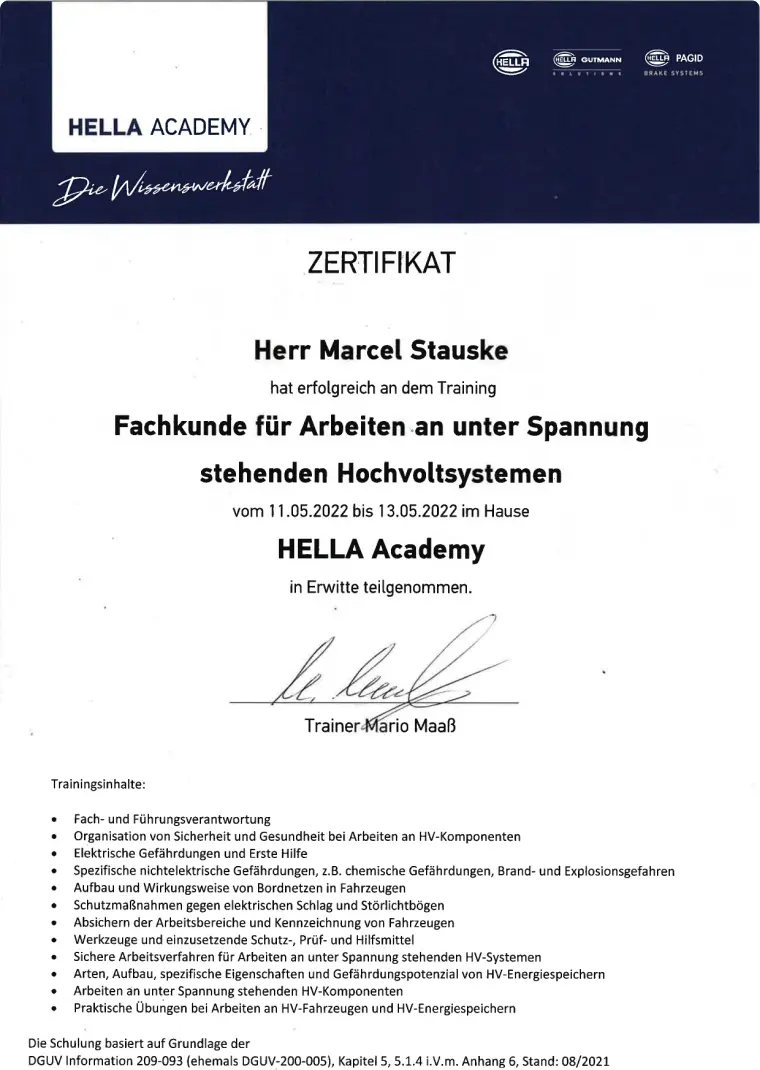 Urkunde: Fachkunde für Arbeiten an und unter Spannung – Elektroautos für Marcel Stauske