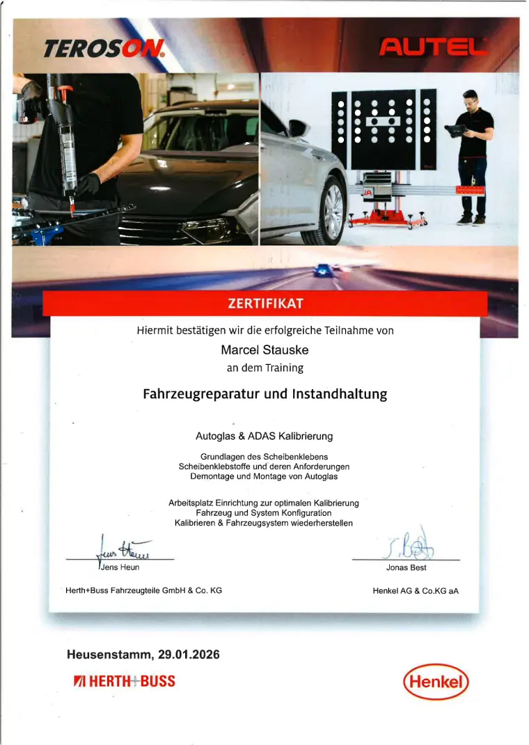 Urkunde: Fahrzeugreparatur und Instandhaltung für Marcel Stauske