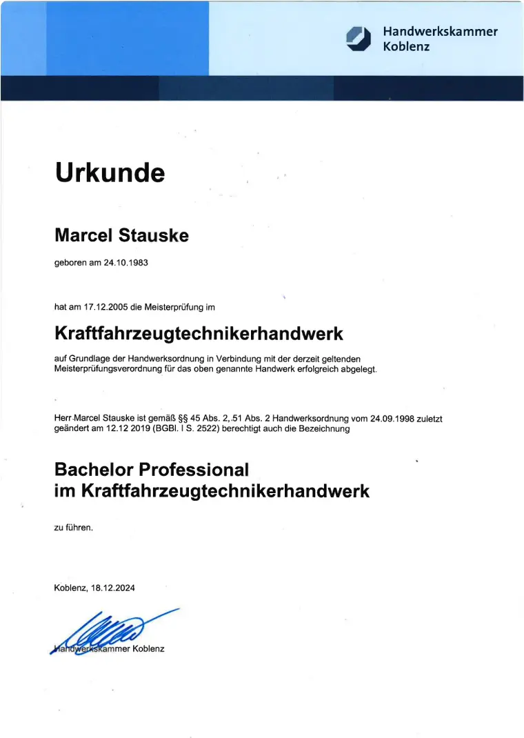 Urkunde: Meisterbrief im Kfz-Handwerk für Marcel Stauske