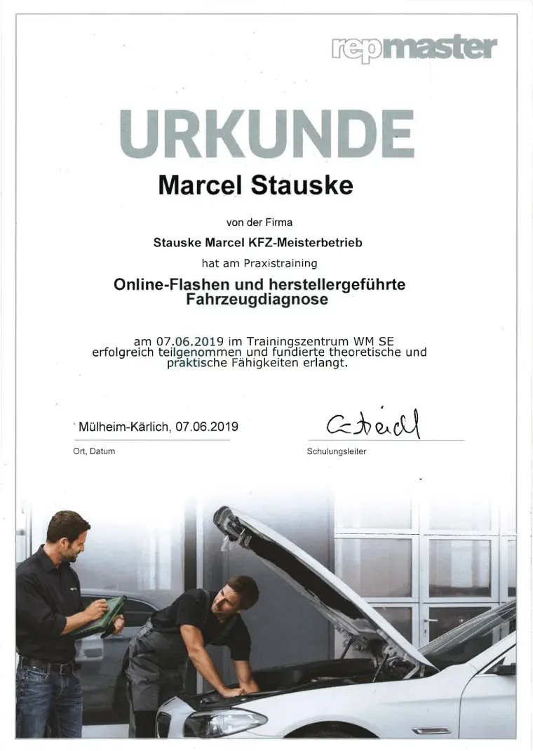 Urkunde: Online-Flashen und herstellergeführte Fahrzeugdiagnose für Marcel Stauske