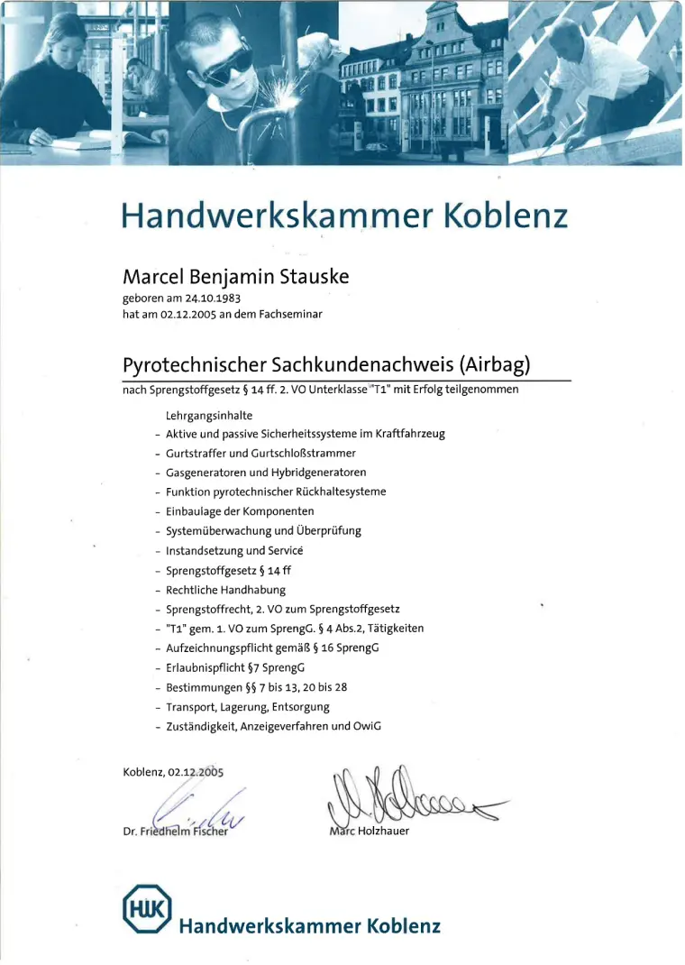 Urkunde: Pyrotechnischer Sachkundenachweis für Marcel Stauske