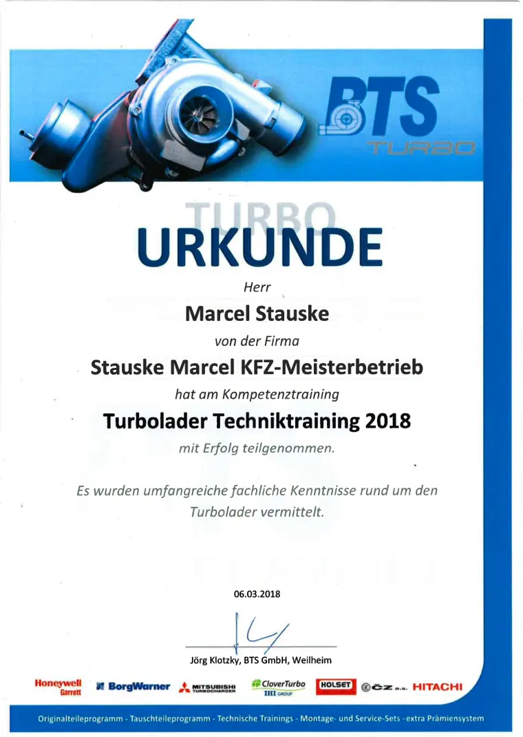 Urkunde: Techniktraining Turbolader für Marcel Stauske