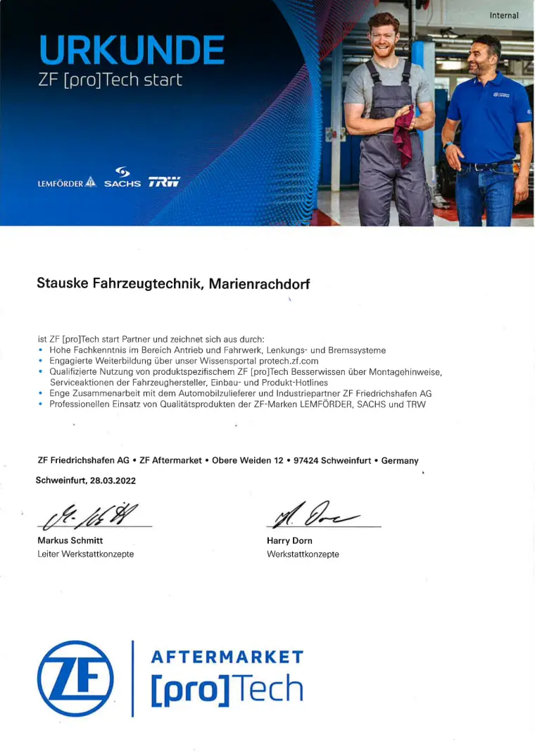 Urkunde: ZF [pro]Tech start für die Stauske Fahrzeugtechnik